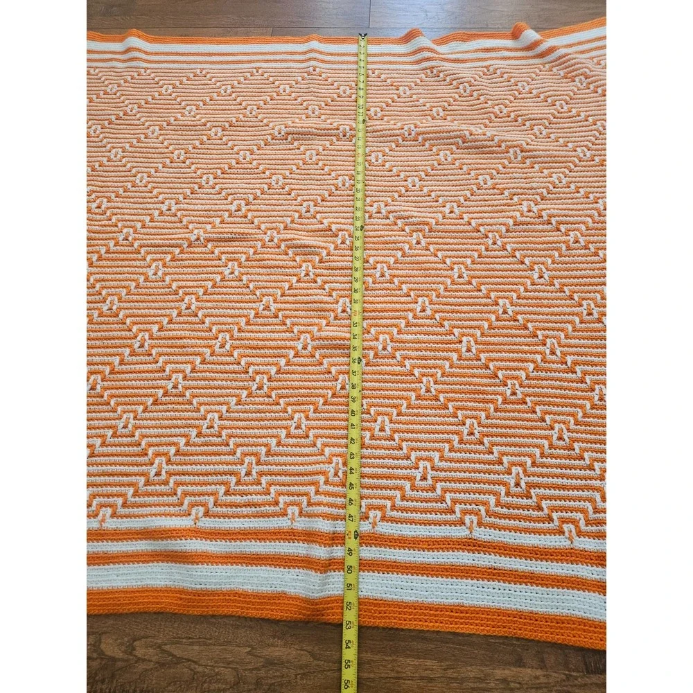 Vintage Hand Crocheted Afghan Blanket Throw‎ Orange White 74 x 54